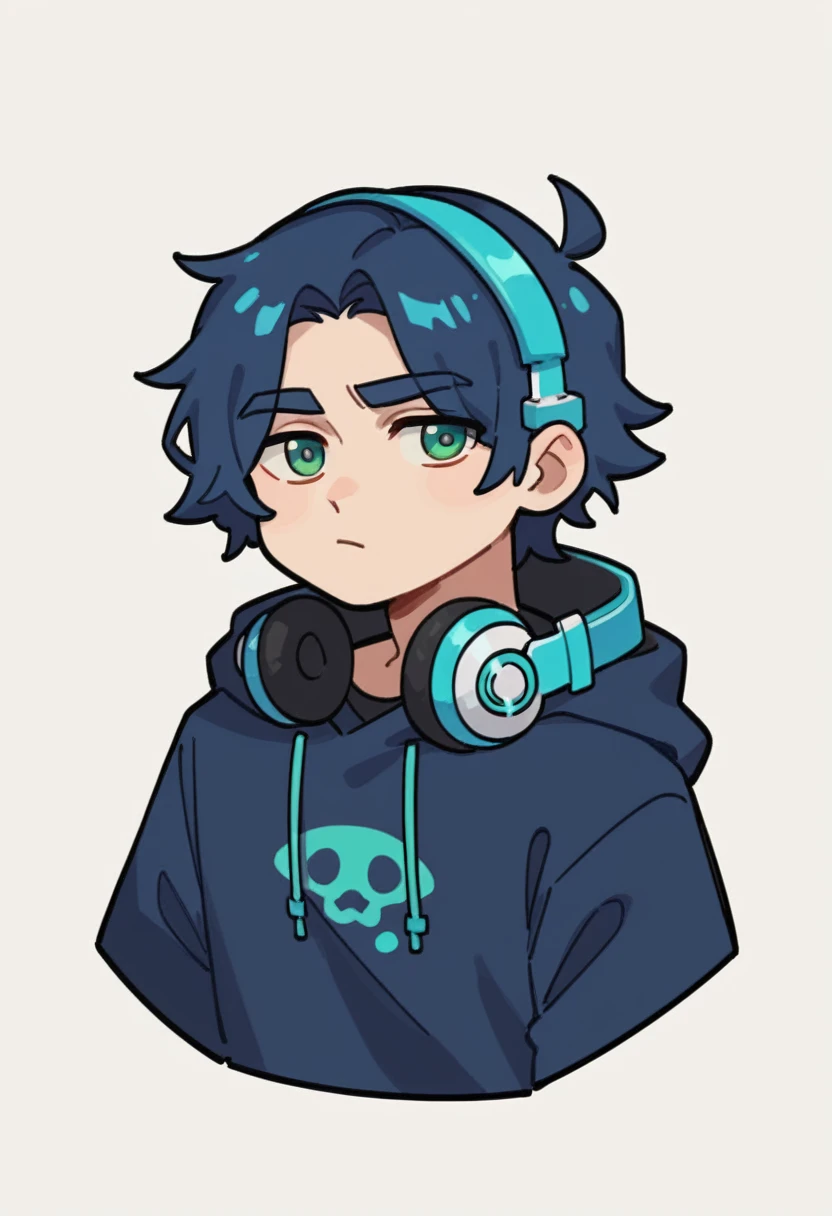 Expressiveh, chibiIcon, cartoon, 1male, very dark blue hair, medium length hair, depressed mood, headphones , green eyes, chibi style, blue and neon pink colored details,