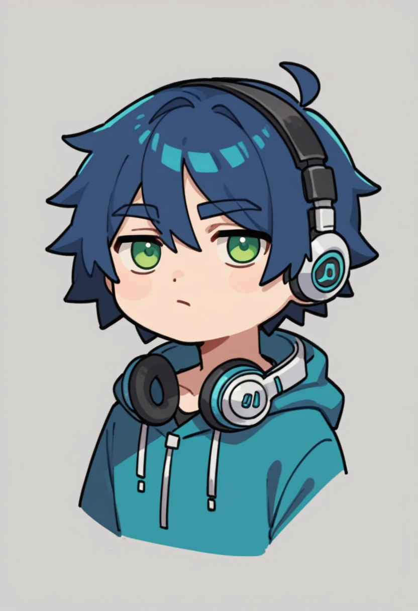 Expressiveh, chibiIcon, cartoon, 1male, very dark blue hair, medium length hair, depressed mood, headphones , green eyes, chibi style, blue and neon pink colored details,