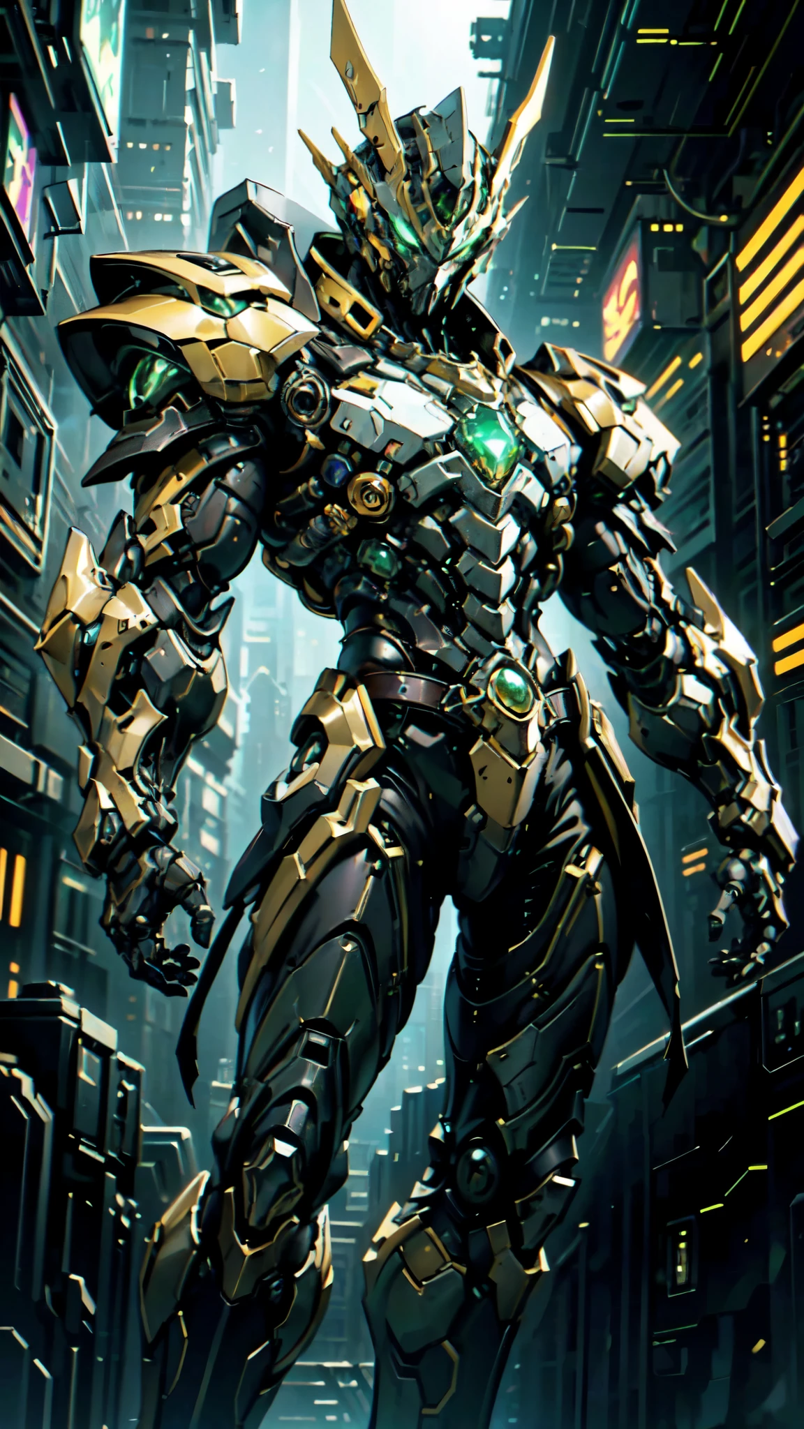 (masterpiece:1.5, best quality:1.5, extremely delicate:1.5, foreshortening:1.5, dynamic angle:1.5), a man wearing a full-face helmet, a fantasy-style biotech armored combat suit, green eyes, (a composite layered chest armor), fully enclosed shoulder guards, matching arm and leg guards, the belt is adorned with neon circuitry, (the color scheme is primarily black glow with green and red accents), the design balances heavy with agility, a high-tech bio-mecha armor, (Armor Concept Inspired by neon Cyberpunk, stand on the top of a skyscraper in a futuristic sci-fi city), this character embodies a finely crafted fantasy-surreal style armored hero in anime style, exquisite and mature manga art style, (element, plasma, energy, the armor glows), ((male:1.5)), metallic, high definition, highres, ultra-detailed, ultra-fine painting, professional, perfect body proportions, golden ratio, anatomically correct, symmetrical face, extremely detailed eyes and face, high quality eyes, creativity, RAW photo, UHD, 32k, Natural light, cinematic lighting, masterpiece-anatomy-perfect