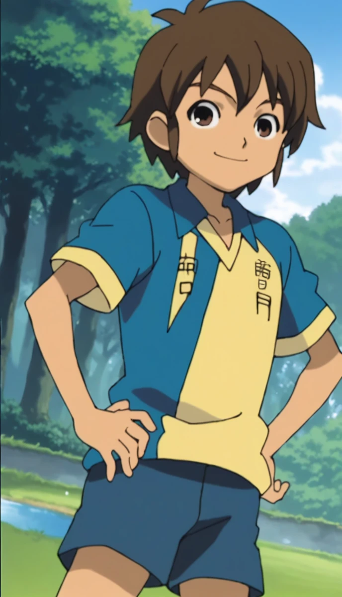 score_9, score_8_superior, score_7_superior, score_6_superior, score_5_superior, score_4_superior, sauce_anime, One boy, Handa Shinichi, Brown Hair, Brown eyes, Raimon Soccer Uniform, Pause, smile, Put your hands on your hips, View your viewers, (masterpiece、Highest quality、Highest quality、Official Art、Beautiful, beautiful:1.2)、)1 Boy,stream,Moss,small pebbles,forest,Short trousers,,Happy,water,bubble,water田, anime, One boy, Handa Shinichi, Brown Hair, Brown eyes, stop temporarily