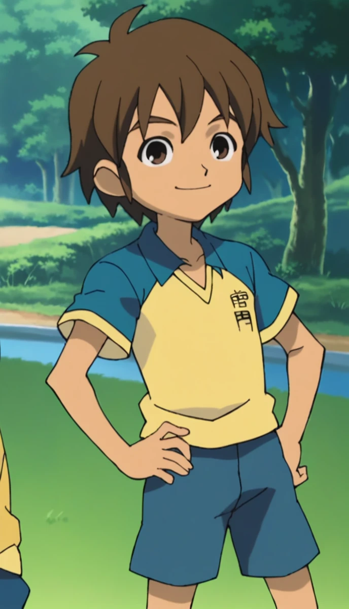score_9, score_8_superior, score_7_superior, score_6_superior, score_5_superior, score_4_superior, sauce_anime, One boy, Handa Shinichi, Brown Hair, Brown eyes, Raimon Soccer Uniform, Pause, smile, Put your hands on your hips, View your viewers, (masterpiece、Highest quality、Highest quality、Official Art、Beautiful, beautiful:1.2)、)1 Boy,stream,Moss,small pebbles,forest,Short trousers,,Happy,water,bubble,water田, anime, One boy, Handa Shinichi, Brown Hair, Brown eyes, stop temporarily