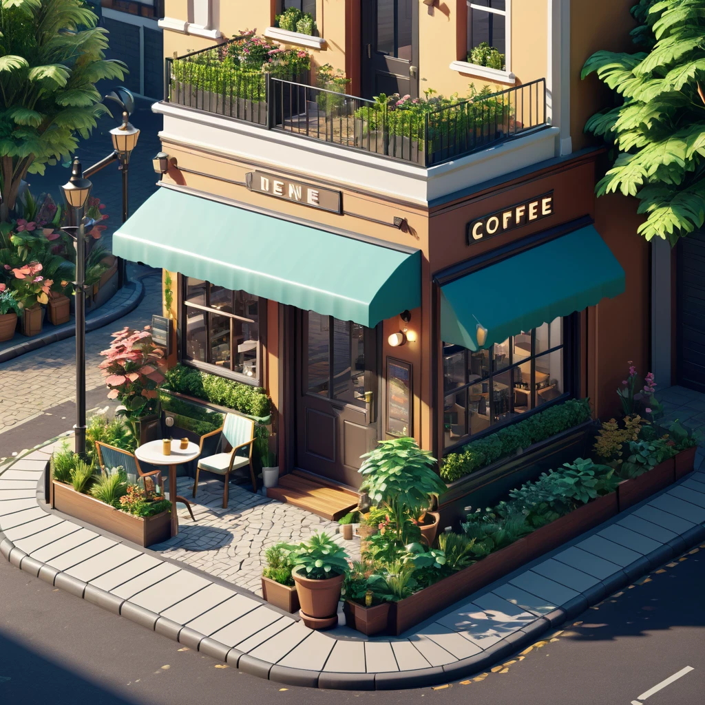(Isometric style:1.6),(high quality,Masterpiece,Octane Rendering,Ray Tracing,Extremely detailed,3d,8K:1.2) ,Street entrance,Coffee Shop,Small garden,car,