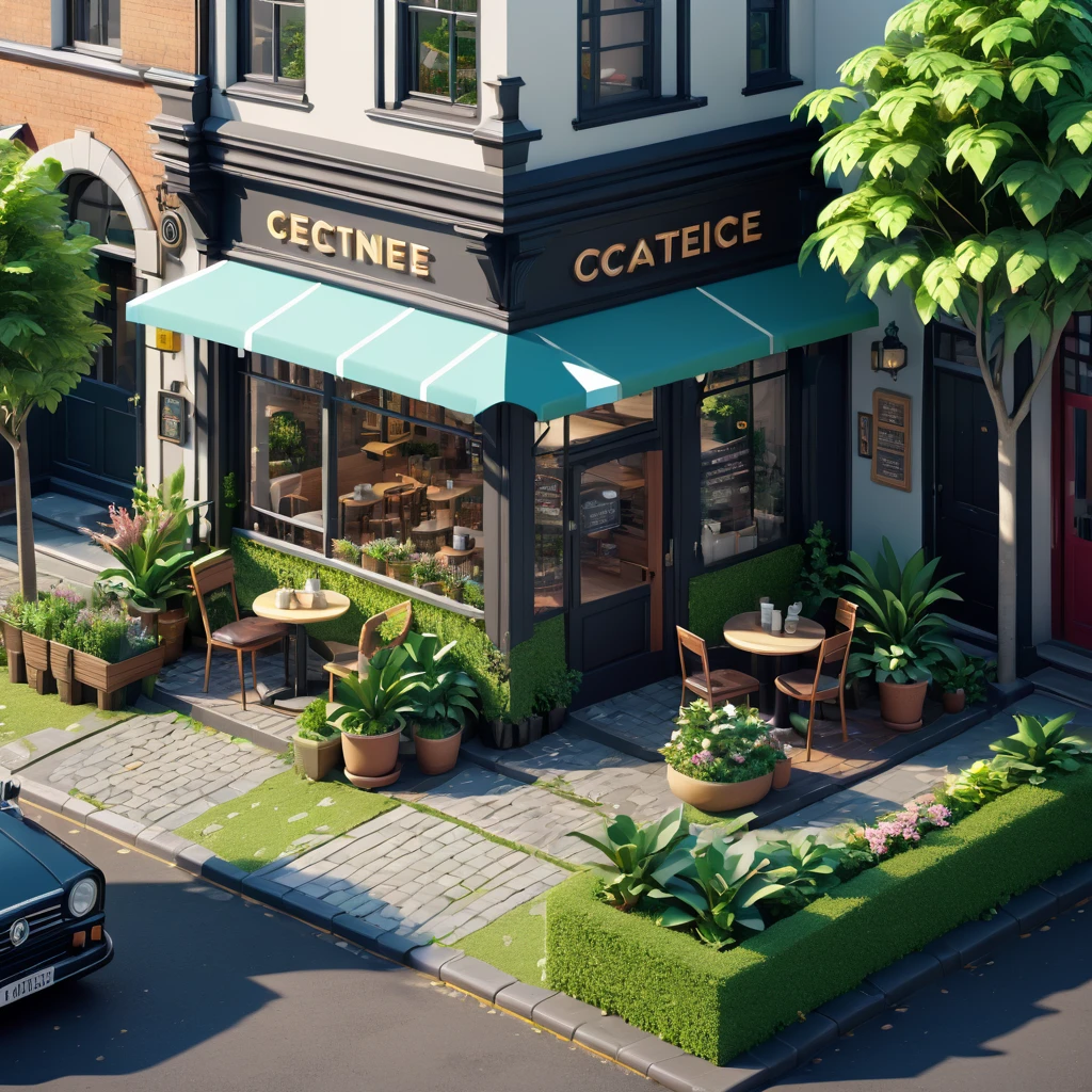 (Isometric style:1.6)，(high quality，Masterpiece，Octane Rendering，Ray Tracing，Extremely detailed，3d，8K:1.2) ，Street entrance，Coffee Shop，Small garden，car，