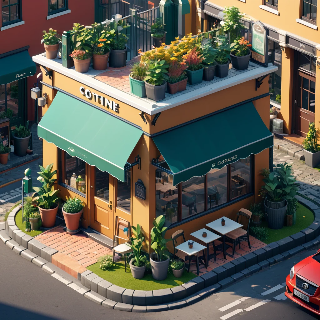 (Isometric style:1.6),(high quality,Masterpiece,Octane Rendering,Ray Tracing,Extremely detailed,3d,8K:1.2) ,Street entrance,Coffee Shop,Small garden,car,