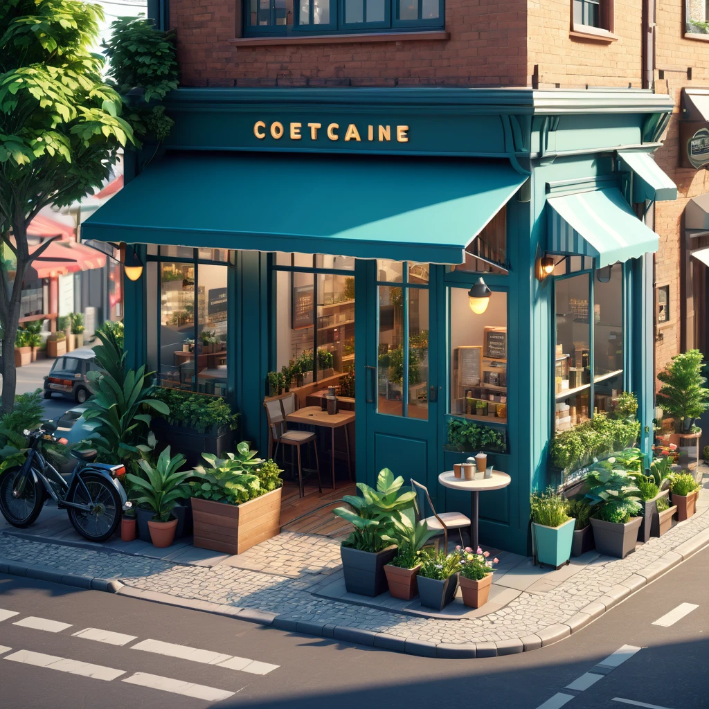 (Isometric style:1.6)，(high quality，Masterpiece，Octane Rendering，Ray Tracing，Extremely detailed，3d，8K:1.2) ，Street entrance，Coffee Shop，Small garden，car，