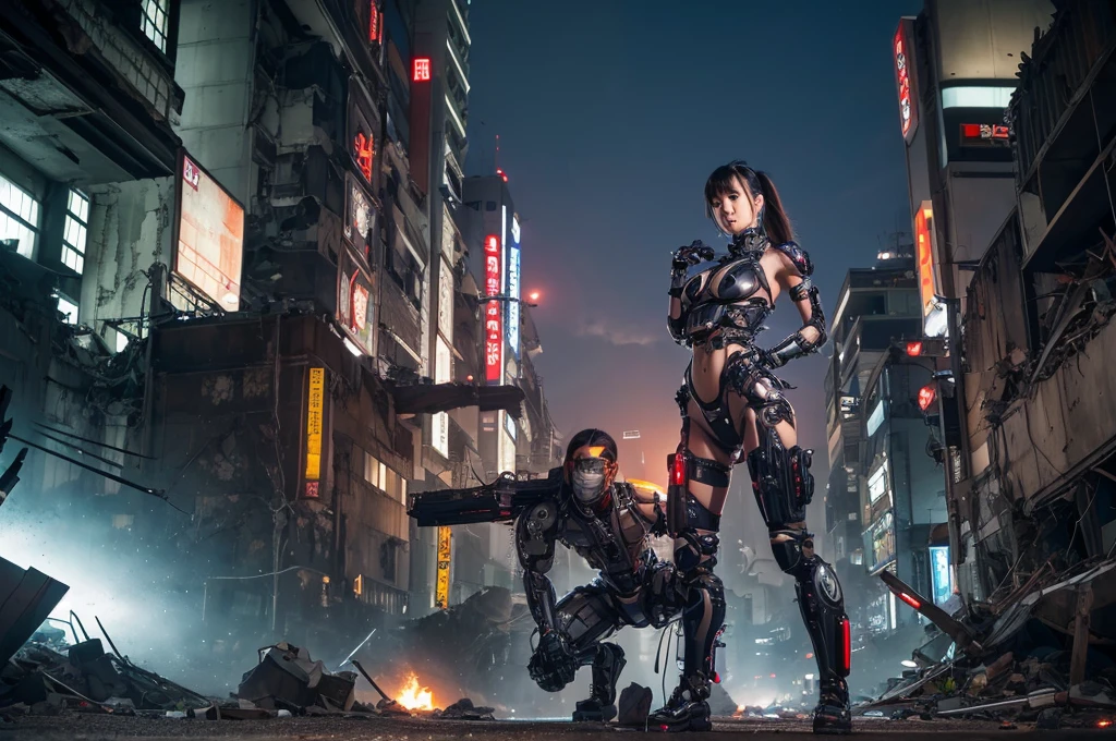 Highest quality,Very sophisticated beautiful Japanese cyborg girl, She spreads her legs and shows her vagina in front of the destroyed city of Kyoto、Mechanical chest、 Bionic body with futuristic details. (A highly sophisticated cyborg with his arms folded in front of a destroyed city, Bionic body with futuristic details.)