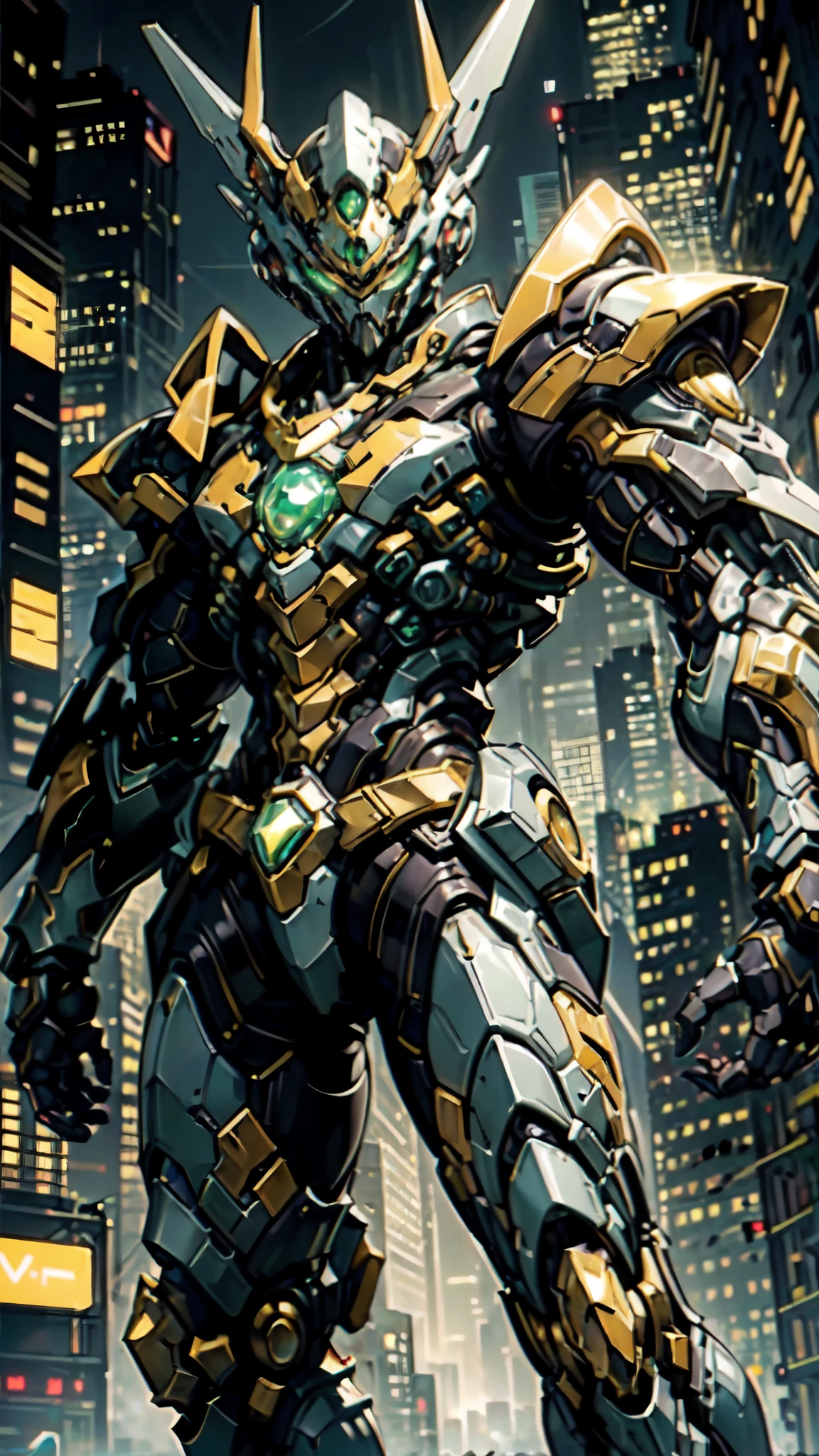 (masterpiece:1.5, best quality:1.5, extremely delicate:1.5, foreshortening:1.5, dynamic angle:1.5), a man wearing a full-face helmet, a fantasy-style biotech armored combat suit, green eyes, (a composite layered chest armor), fully enclosed shoulder guards, matching arm and leg guards, the belt is adorned with neon circuitry, (the color scheme is primarily black glow with green and red accents), the design balances heavy with agility, a high-tech bio-mecha armor, (Armor Concept Inspired by neon Cyberpunk, stand on the top of a skyscraper in a futuristic sci-fi city), this character embodies a finely crafted fantasy-surreal style armored hero in anime style, exquisite and mature manga art style, (element, plasma, energy, the armor glows), ((male:1.5)), metallic, high definition, highres, ultra-detailed, ultra-fine painting, professional, perfect body proportions, golden ratio, anatomically correct, symmetrical face, extremely detailed eyes and face, high quality eyes, creativity, RAW photo, UHD, 32k, Natural light, cinematic lighting, masterpiece-anatomy-perfect