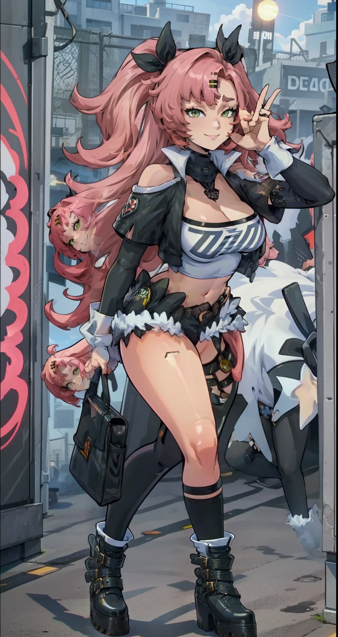 "(ultra-detailed CG illustration), best quality, masterpiece, dreamlike, beautiful, neo city vibe, neon lights, night, high saturation, (1 girl with pink hair:1.3), (dancing:1.1), (K-pop:1.1) stylish, sexy, (Nicole Demara (zzz): 1.2)."