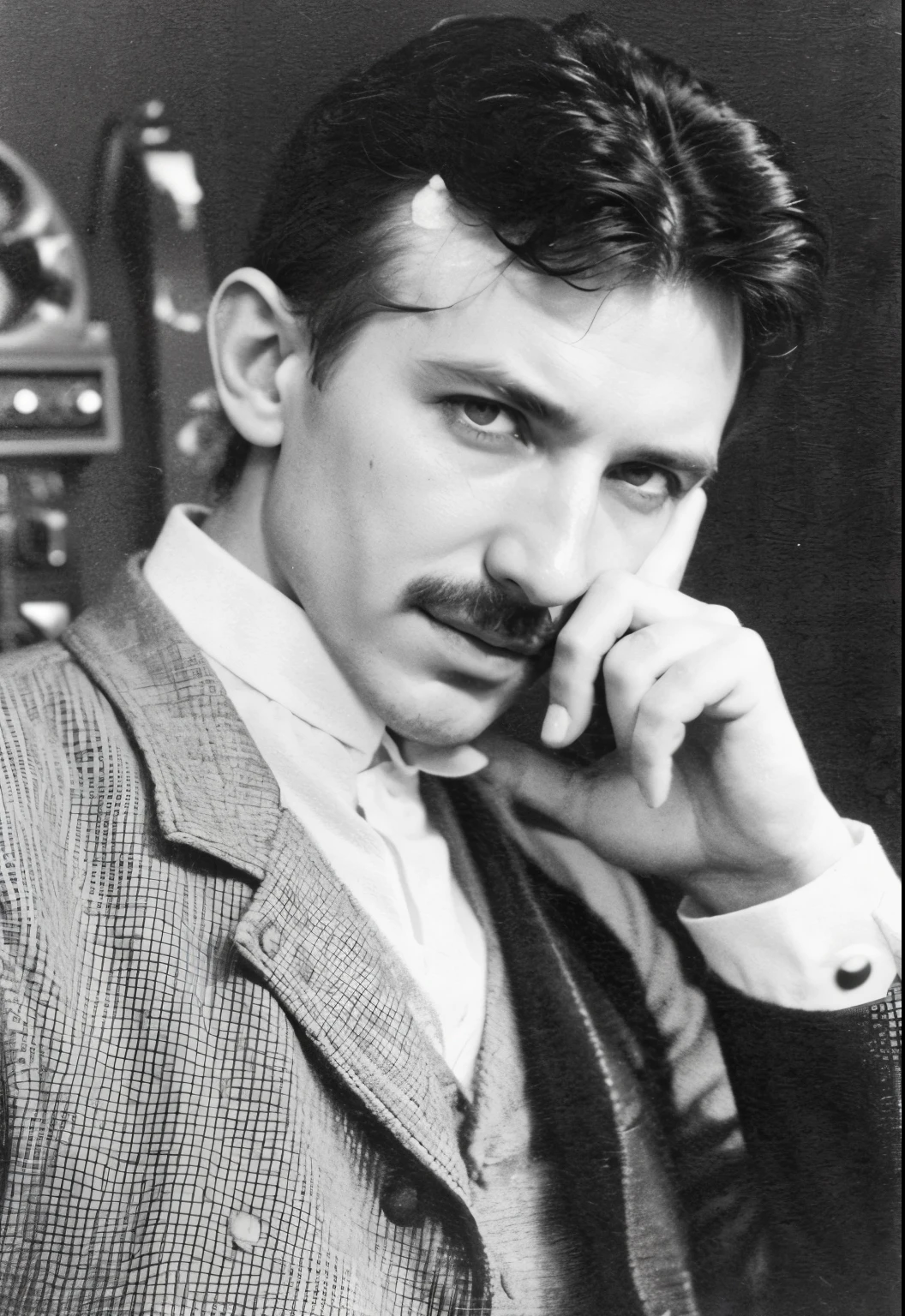 Image of Nicola Tesla playing guitar AC logo/DC