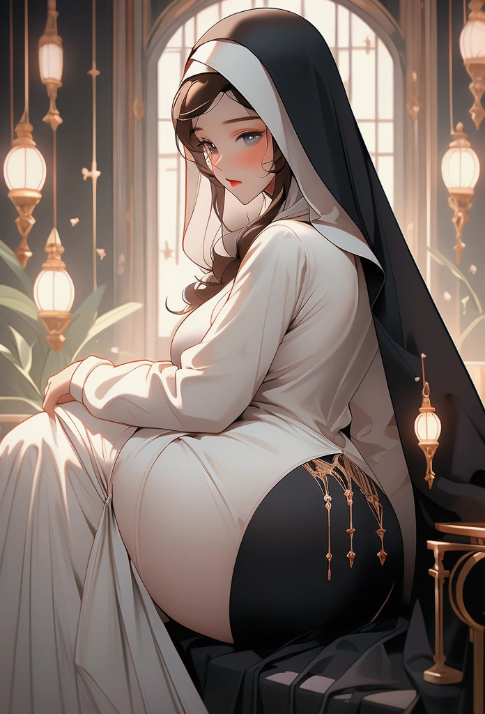 a beautiful brunette nun, big breasts, big ass, not so wide thighs, fine back, sensual line, artistic figure, her expressions suggest ???????? sex, sitting in a cucliya, she raises her butt to reveal her beautiful and juicy vulva (very well detailed , high definition), wants to receive a thick ????