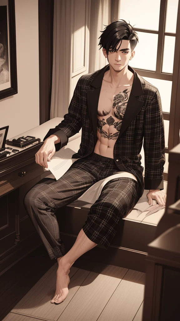 25 year old man, black eye, black hair and Fade Style, sitting playing the piano, in the hall dressed only in black and white plaid pajama pants, With a tattoo on his back of a wolf and a red rose