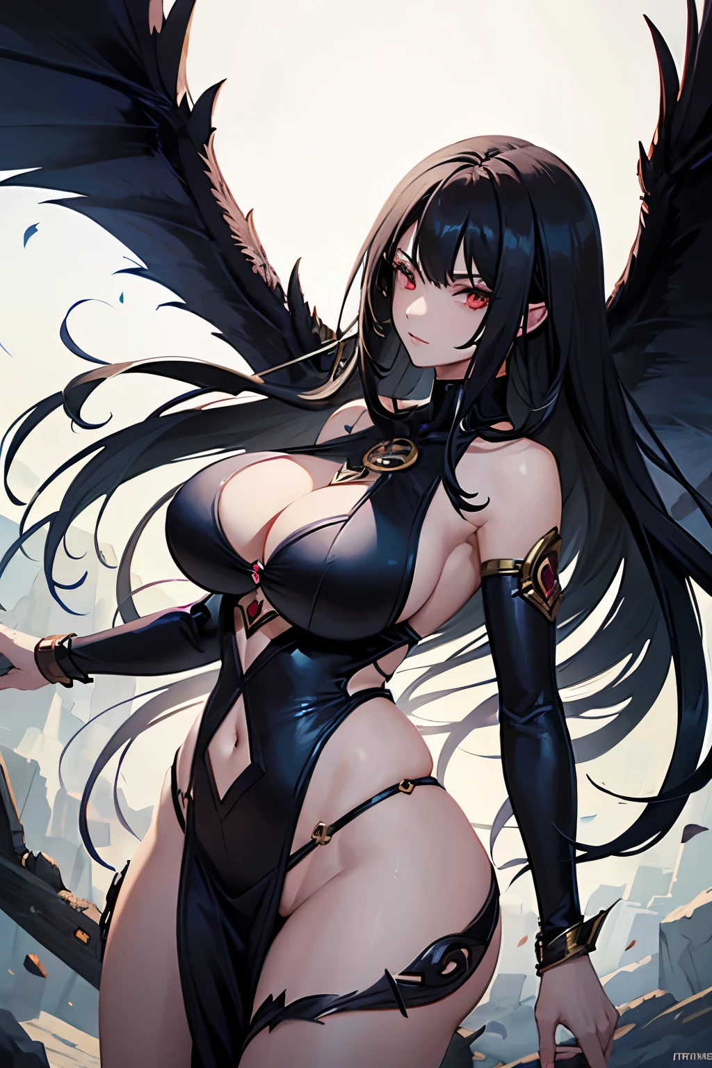 Woman, Bblack hair, pretty ,huge bobs , anime styling, Fate, based on Morrigan, Celtic goddess of war with a raven