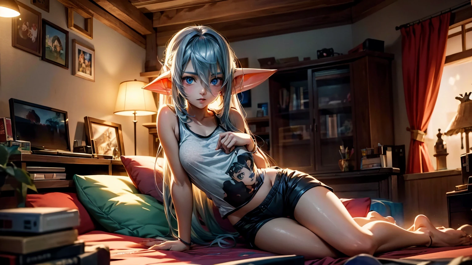 Create a high-quality image of a beautiful anime goblin girl with long silver hair and small elf ears. She is sitting at her gaming PC in her bedroom, wearing a see-through tank top and sexy sleep shorts. The scene is warm and inviting, with soft ambient lighting and comfortable seating. A small lamp illuminates the bedroom, creating a serene and intimate atmosphere. The room features cozy elements like a bed with plush pillows and blankets, posters on the walls, and some gaming accessories scattered around.