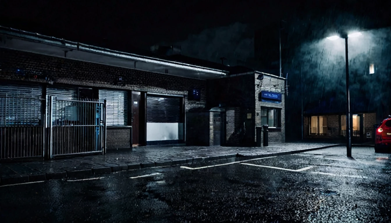 first person view, outside the police station, dark night, tense atmosphere, no people in the place