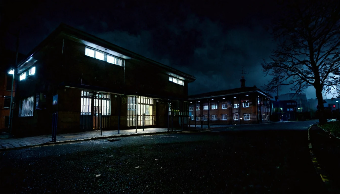 first person view, outside the police station, dark night, tense atmosphere, no people in the place