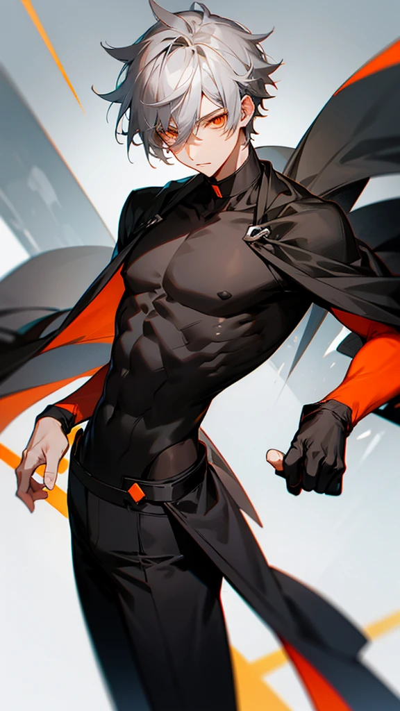 Male character with gray hair and orange eyes and black clothes 