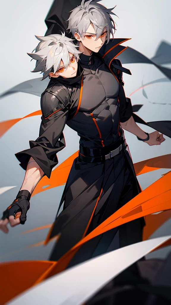Male character with gray hair and orange eyes and black clothes 