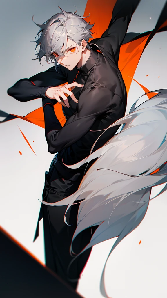 Male character with gray hair and orange eyes and black clothes
