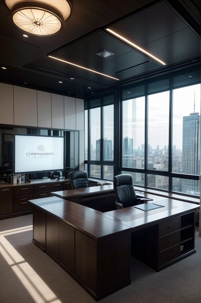 Create a high-end corporate office scene with significant profits and notes scattered around the room. Include a prominent logo on the top left corner that says 'CRYPTONOMY'. The office should have a modern and luxurious design, with large windows, elegant furniture, and a professional atmosphere. The logo should be sleek and sophisticated
