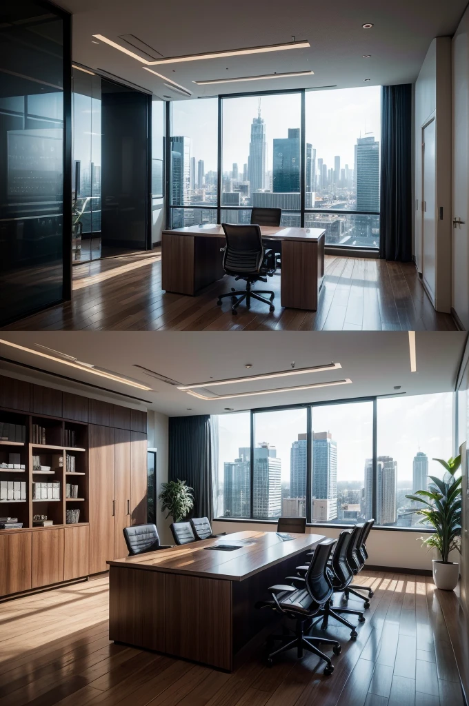 Create a high-end corporate office scene with significant profits and notes scattered around the room. Include a prominent logo on the top left corner that says 'CRYPTONOMY'. The office should have a modern and luxurious design, with large windows, elegant furniture, and a professional atmosphere. The logo should be sleek and sophisticated