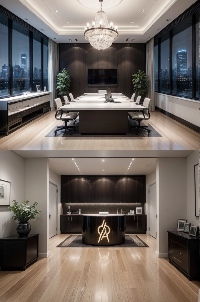 Create a high-end corporate office scene with significant profits and notes scattered around the room. Include a prominent logo on the top left corner that says 'CRYPTONOMY'. The office should have a modern and luxurious design, with large windows, elegant furniture, and a professional atmosphere. The logo should be sleek and sophisticated