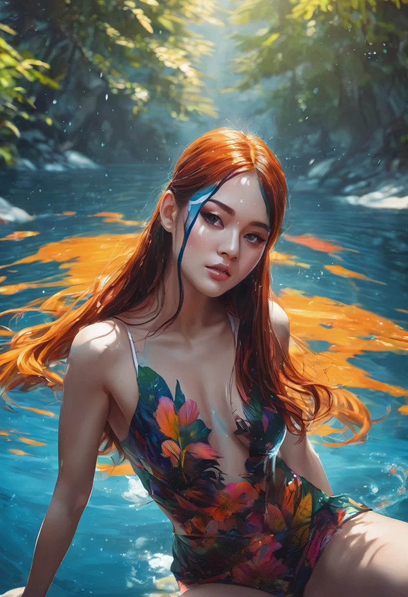 (super detailed,ultra high resolution,detailed background),((2D)),((flat color)),((showy)),((floating showy water)),1 girl,alone,looking at the viewer,BREAK、Body painting、women's beauty、Warm body shape