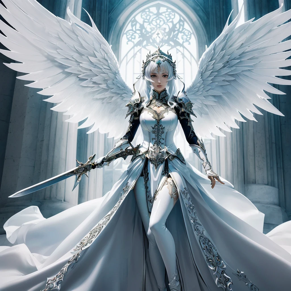 a woman in a white dress holding a sword and a sword, intricate ornate anime cgi style, girl angel knight, anime fantasy artwork, Angel Knight Gothic Girl, 2. 5 d cgi anime fantasy artwork, beautiful fantasy anime, highly detailed fantasy art, epic anime art, detailed fantasy art, elegant cinematic fantasy art, breathtaking fantasy art, epic angel wings, beautiful fantasy art