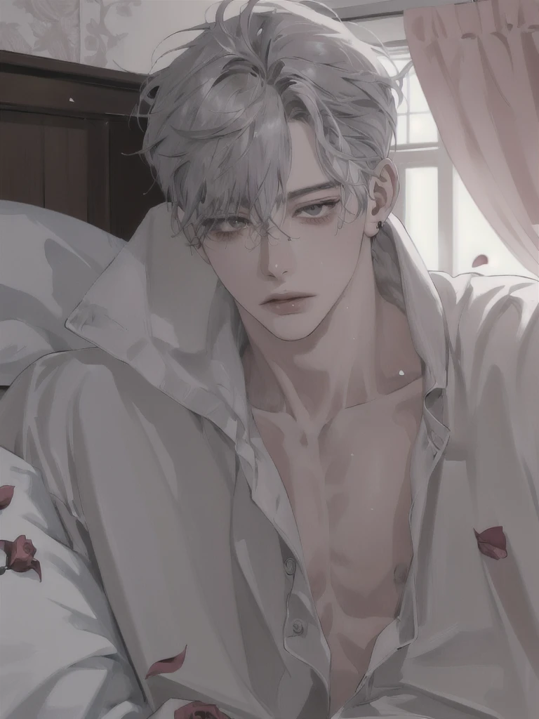 1 Boy, Half-body picture, Portrait, earring, alone,lips,  focus man, green eyes, looking at the audience, gray hair, short hair, gag, anime boy lying on the bed with rose petals, wet body, bed, Without any clothes except underwear, High quality fan art, fiery expression, beast, at Pixieve, Official fan art, Pixieve, Detailed fan art, relax, Levi Ackerman, in in the bedroom, relax environment, relax mood, By Shinkei, anime about beauty, relax concept art, wet cartoon boy, with rose petals on the bed, beautiful atmosphere, hot anime boy, cute, beautiful body art, hot pose, beautiful, ใบหน้าbeautiful, cute ใบหน้าbeautiful, big cute eyes, beautiful expression