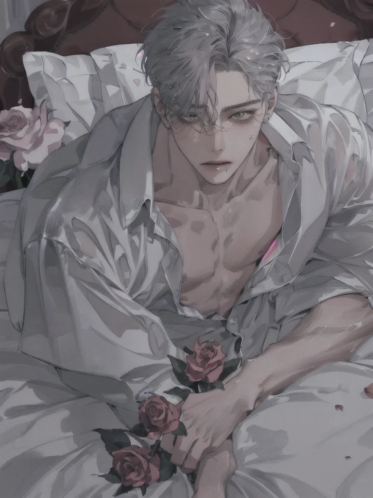 1 Boy, Half-body picture, Portrait, earring, alone,lips, focus man, green eyes, looking at the audience, gray hair, short hair, gag, anime boy lying on the bed with rose petals, wet body, bed, Without any clothes except underwear, High quality fan art, fiery expression, beast, at Pixieve, Official fan art, Pixieve, Detailed fan art, relax, Levi Ackerman, in in the bedroom, relax environment, relax mood, By Shinkei, anime about beauty, relax concept art, wet cartoon boy, with rose petals on the bed, beautiful atmosphere, hot anime boy, cute, beautiful body art, hot pose, beautiful, ใบหน้าbeautiful, cute ใบหน้าbeautiful, big cute eyes, beautiful expression