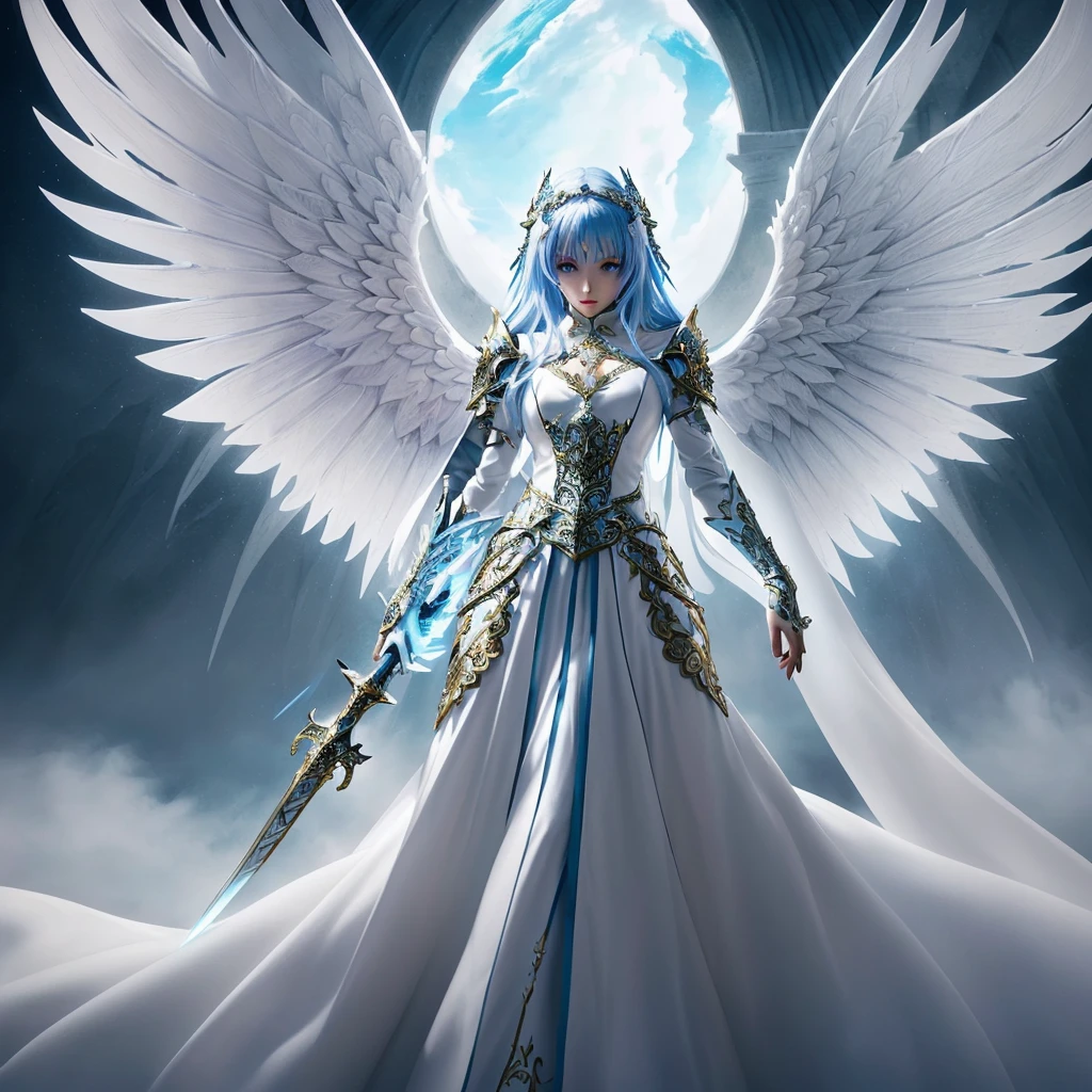 a woman in a white dress holding a sword and a sword, intricate ornate anime cgi style, girl angel knight, anime fantasy artwork, Angel Knight Gothic Girl, 2. 5 d cgi anime fantasy artwork, beautiful fantasy anime, highly detailed fantasy art, epic anime art, detailed fantasy art, elegant cinematic fantasy art, breathtaking fantasy art, epic angel wings, beautiful fantasy art