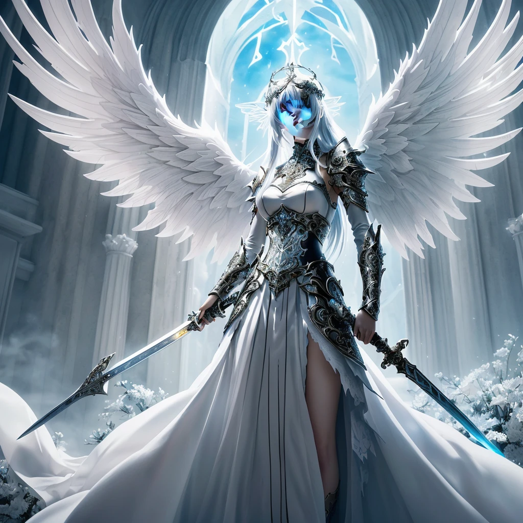 a woman in a white dress holding a sword and a sword, intricate ornate anime cgi style, girl angel knight, anime fantasy artwork, Angel Knight Gothic Girl, 2. 5 d cgi anime fantasy artwork, beautiful fantasy anime, highly detailed fantasy art, epic anime art, detailed fantasy art, elegant cinematic fantasy art, breathtaking fantasy art, epic angel wings, beautiful fantasy art