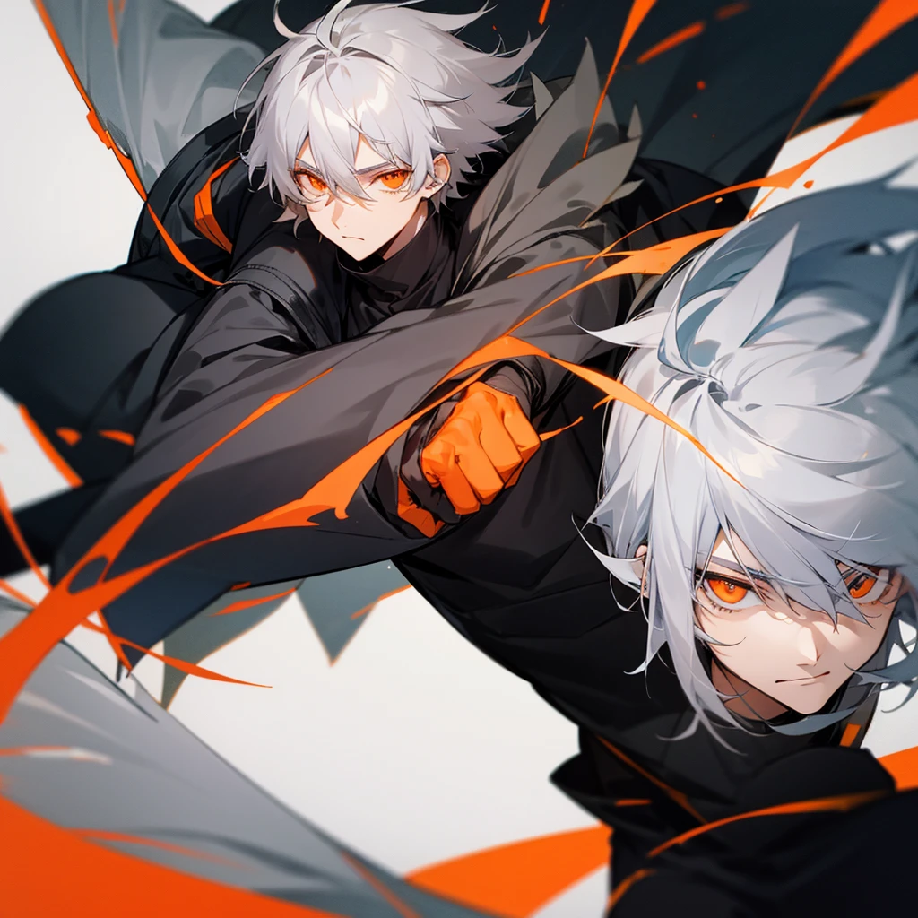 Male character with gray hair and orange eyes and black clothes