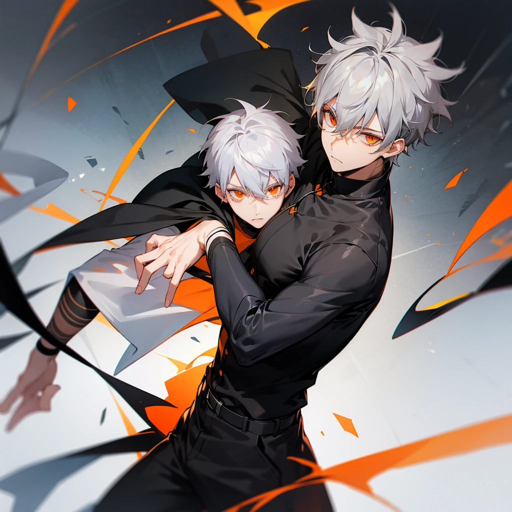 Male character with gray hair and orange eyes and black clothes