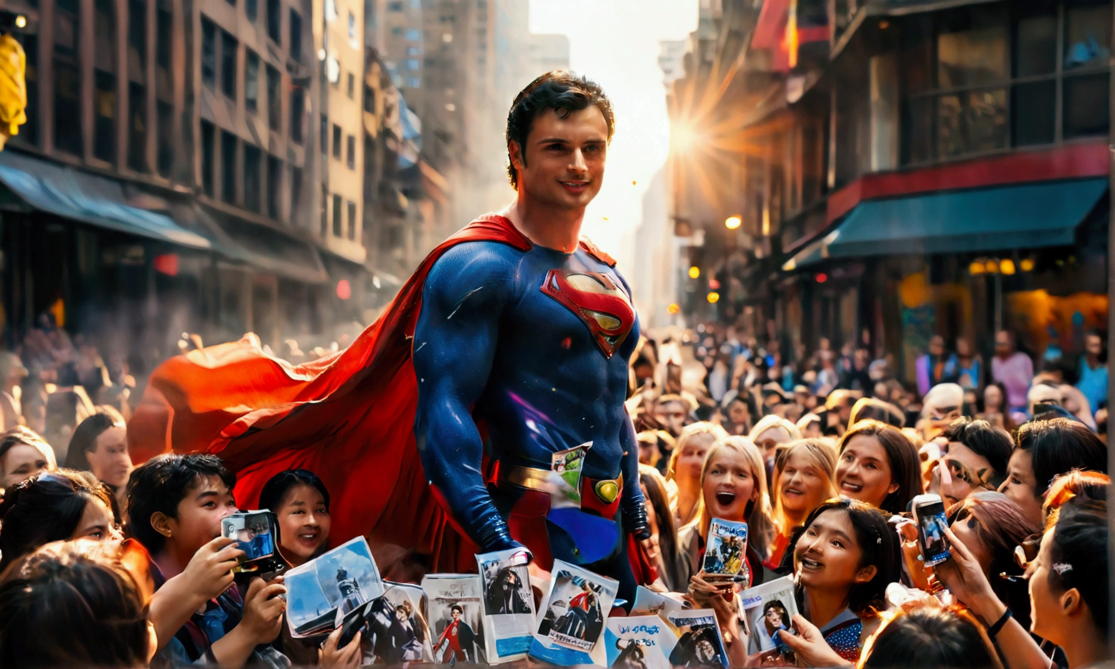 Imagine a scene where Tom Welling, dressed as Superman, is standing on a busy city street. The sun is shining brightly, casting a warm glow on the scene. Tom Welling is wearing the iconic Superman suit, complete with the red cape flowing slightly in the breeze. His dark hair is neatly styled, and he has a broad, friendly smile on his face. He's holding a pen in one hand and a stack of photographs in the other, which he's signing for a large, enthusiastic crowd of fans. The fans, a diverse mix of ages and backgrounds, are excitedly reaching out with their own items to be signed, such as comic books, posters, and memorabilia. Some fans are holding up their phones, capturing the moment with photos and videos. The background is bustling with city life, with tall buildings, street vendors, and other pedestrians going about their day. There's a sense of energy and excitement in the air, as people in the crowd chat and share their excitement about meeting their hero. The overall atmosphere is one of joy and admiration, with Superman bringing a bit of magic to an ordinary day.