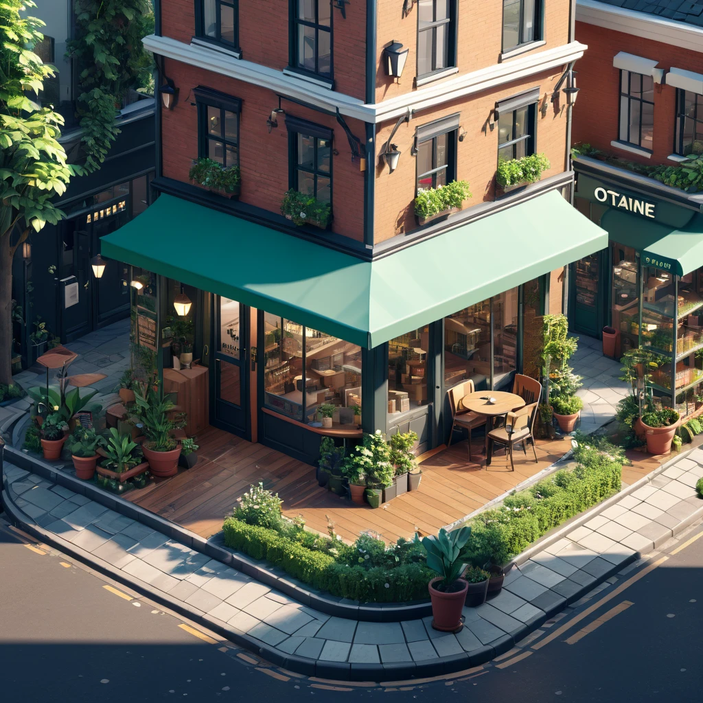 (Isometric style:1.8),(high quality,Masterpiece,Octane Rendering,Ray Tracing,Extremely detailed,3d,8K:1.2) ,Street entrance,Coffee Shop,Small garden,car,