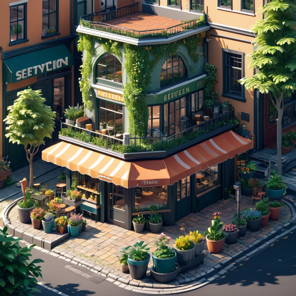 (Isometric style:1.8)，(high quality，Masterpiece，Octane Rendering，Ray Tracing，Extremely detailed，3d，8K:1.2) ，Street entrance，Coffee Shop，Small garden，car，