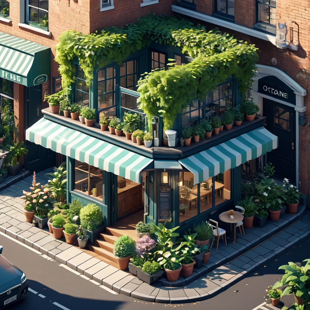 (Isometric style:1.8)，(high quality，Masterpiece，Octane Rendering，Ray Tracing，Extremely detailed，3d，8K:1.2) ，Street entrance，Coffee Shop，Small garden，car，