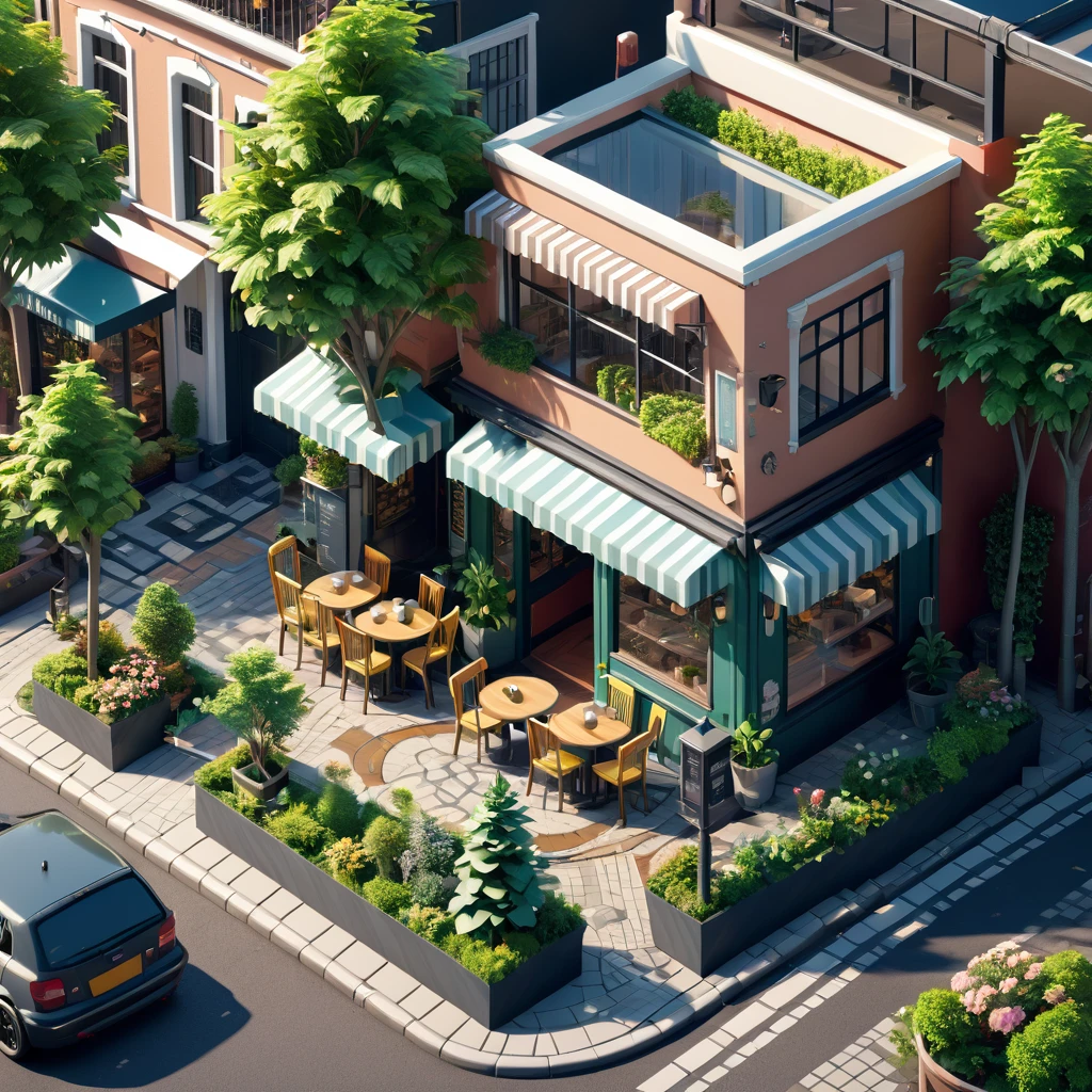 (Isometric style:1.8),(high quality,Masterpiece,Octane Rendering,Ray Tracing,Extremely detailed,3d,8K:1.2) ,Street entrance,Coffee Shop,Small garden,car,