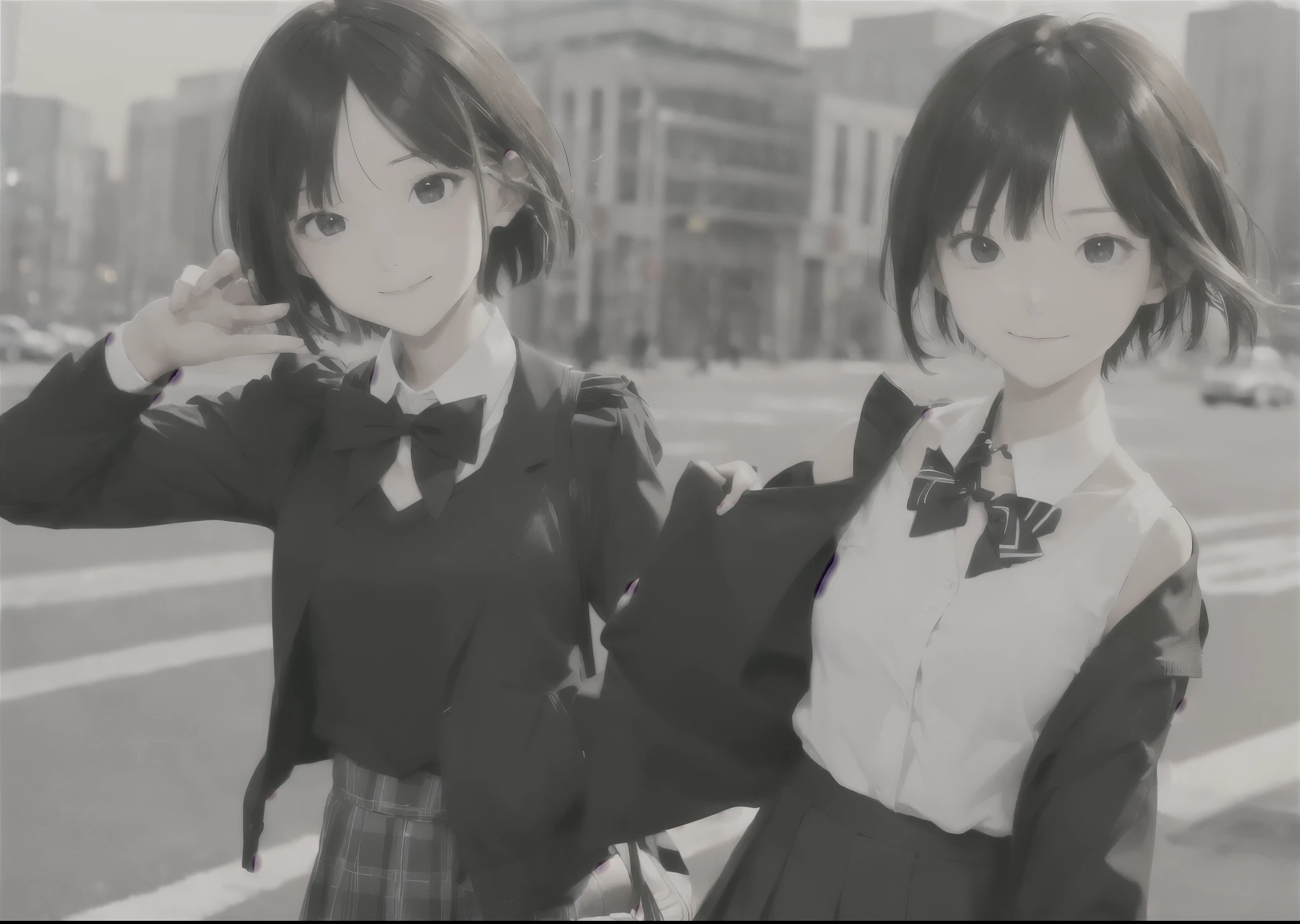 (masterpiece, best quality,extreme detAIled beautiful Eye), Optimal lighting, Perfect lighting,Look at the audience, (1 girl, Solitary,sky, City:1.3),NanasakiAI,Nanasaki_AI,
(whole body,Dynamic Angle,Dynamic poses,Smile,shining_Eye:1.2),(long_sleeve,Black_jacket,jacket,School_,Gibito_High target_School_:1.2),
(short_hAIr,Large target_breast,clavicle:1.2),Black_bow tie,Black_skirt,Wrinkles_skirt,White_shirt