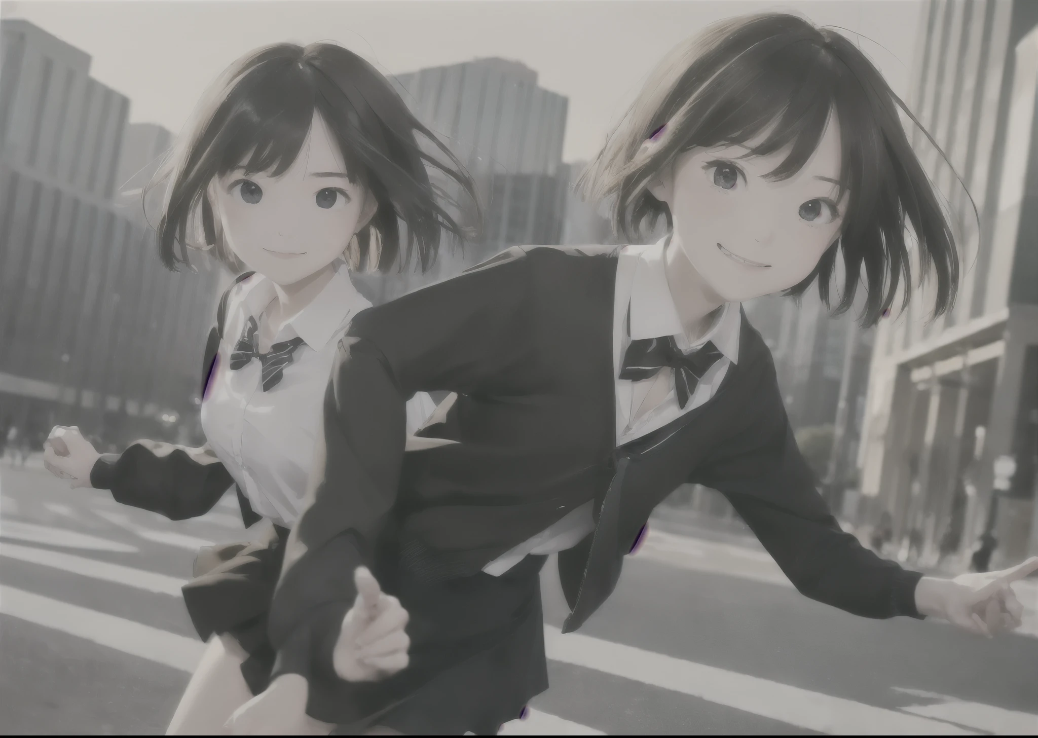(masterpiece, best quality,extreme detAIled beautiful Eye), Optimal lighting, Perfect lighting,Look at the audience, (1 girl, Solitary,sky, City:1.3),NanasakiAI,Nanasaki_AI,
(whole body,Dynamic Angle,Dynamic poses,Smile,shining_Eye:1.2),(long_sleeve,Black_jacket,jacket,School_,Gibito_High target_School_:1.2),
(short_hAIr,Large target_breast,clavicle:1.2),Black_bow tie,Black_skirt,Wrinkles_skirt,White_shirt