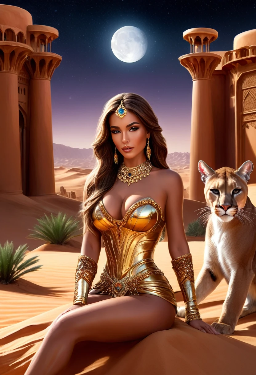 Arafed digital painting of a desert princess BREAK and her epic pet cougar in her palace high details, best quality, 16k, f a female human princess and her pet cougar, princess of the desert, full body, ((anatomically correct: 1.5)) ((standing: 1.5)) proudly royalty demeanor, a woman, (best detailed face: 1.5), Ultra Detailed face, ((human ears: 1.3)), wearing royal desert dress, decorated with gems, wearing princess tiara, small cleavage, thigh high intricate leather high heeled boot, thick hair, long hair, brown hair, tan skin intense brown eyes, her epic desert (cougar : 1.3) lying at her feet, guarding her, an epic fantasy desert palace in an oasis in the background (intricate details, Masterpiece, best quality: 1.5) night, moon light, stars ,Wide-Angle, award winning, best quality, high quality, high details, highres, vibrant, Ultra-high resolution, High Contrast, (masterpiece:1.5), highest quality, Best aesthetics, best details, best quality, highres, ultra wide angle, 16k, [ultra detailed], masterpiece, best quality, chumbasket art style, Cinematic Hollywood Film, 
