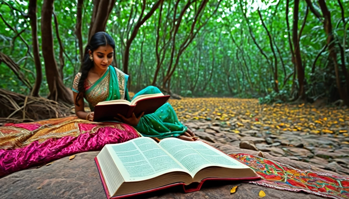 a scene in 8k hyper realistic HDR photo of a beautiful from India reading a magical book,, vision from the front