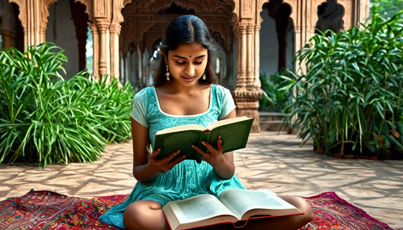 a scene in 8k hyper realistic HDR photo of a beautiful from India reading a magical book,, vision from the front