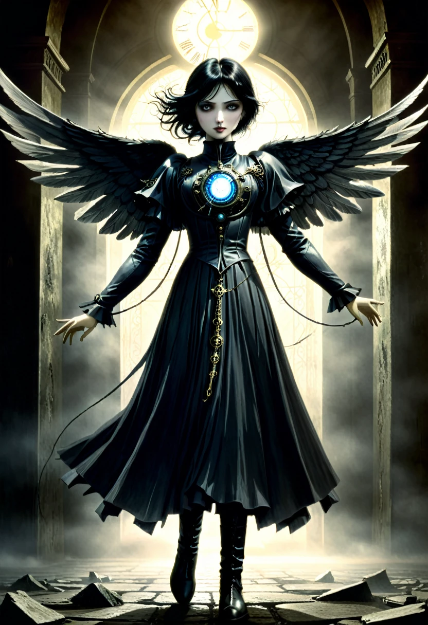 Clockwork angel, (attached) The last Stand is a powerful thing,It is terrifying to see, noir, dark, old photograph, eerie, ultra-realistic, horror, occult, occult imagery, occult lighting,