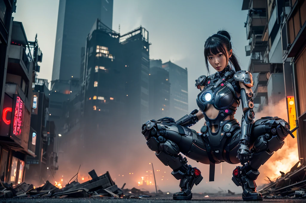 Highest quality,Very sophisticated beautiful Japanese cyborg girl, She spreads her legs and shows her vagina in front of the destroyed, dark and foggy city of Kyoto、Mechanical chest、 Bionic body with futuristic details. (A highly sophisticated cyborg with his arms folded in front of a destroyed city, Bionic body with futuristic details.)