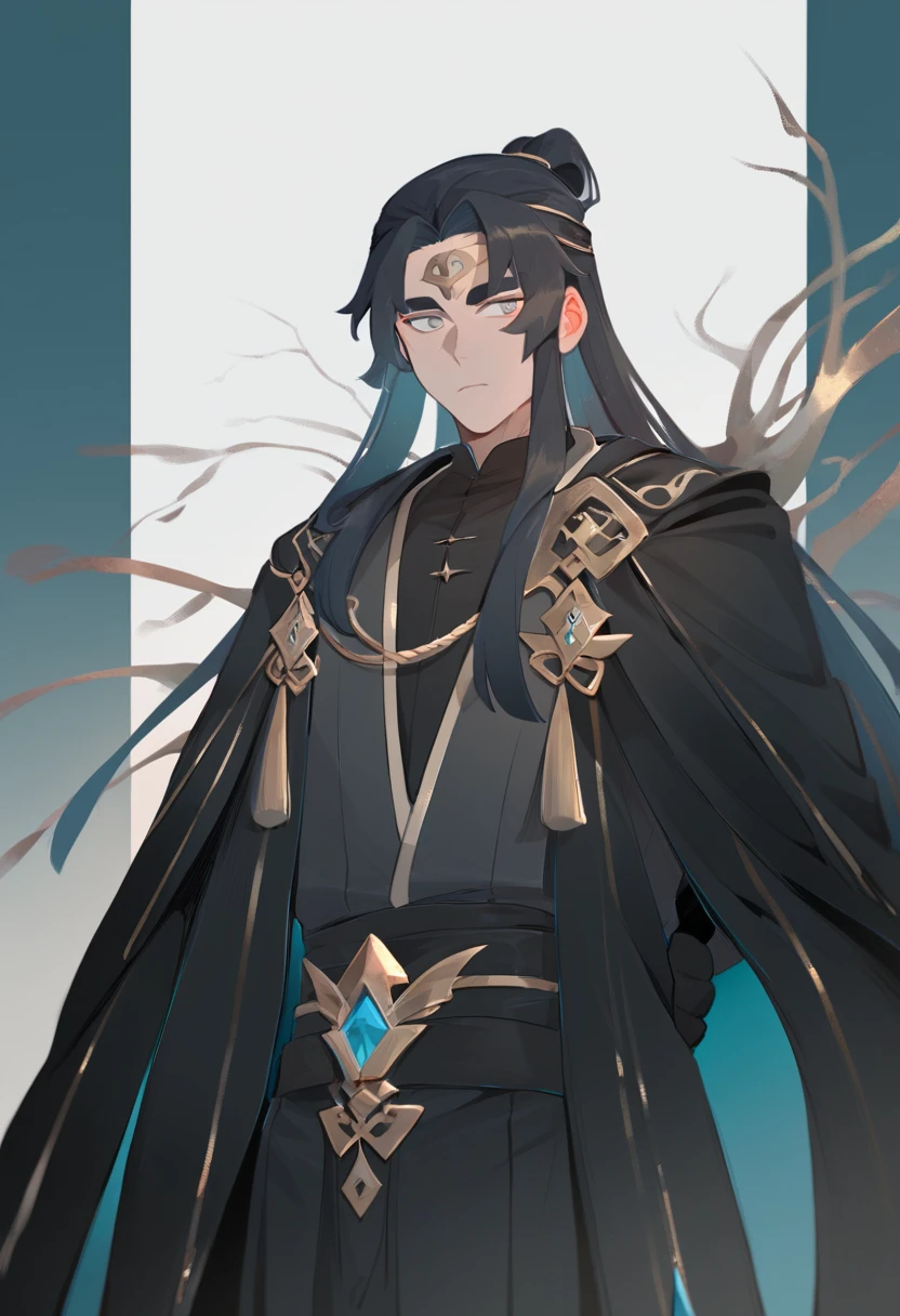 (masterpiece, best quality:1.2), 1male, solo, wei wuxian, mo dao zu shi, mdzs, black clothes, grey eyes, long black hair, perfect anatomy