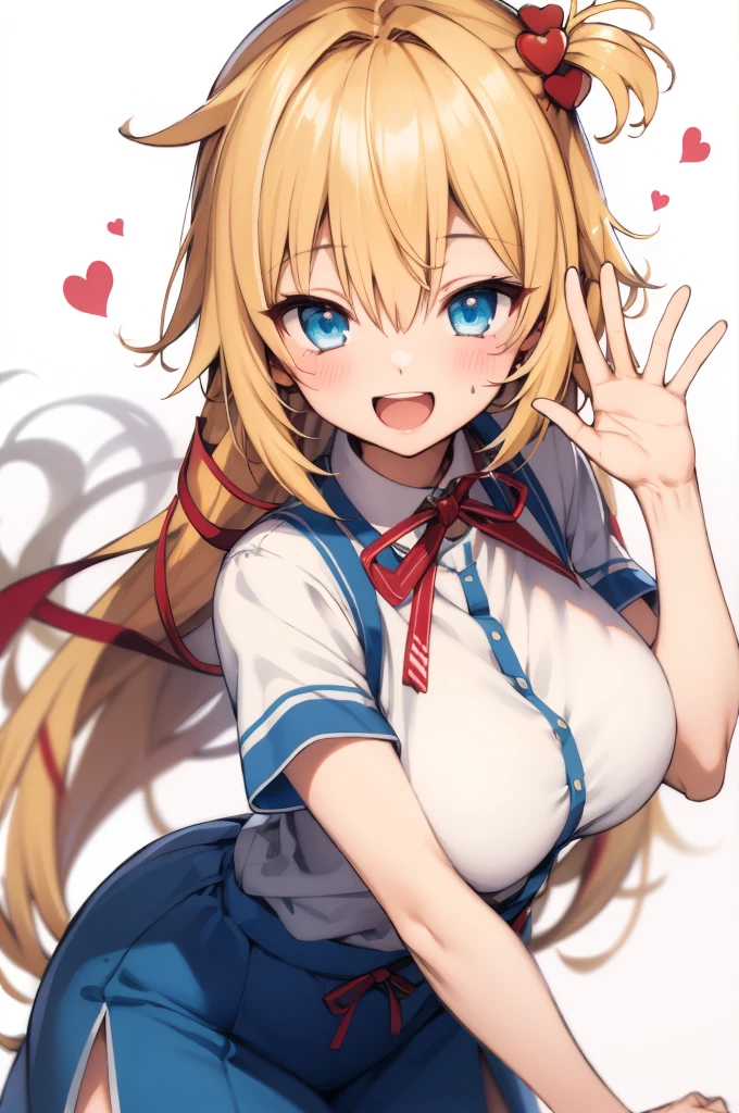 masterpiece, akai haato, hololive, 1girl, bangs, blonde hair, blue eyes, blush,big breasts, collared shirt, hair between eyes, hair ornament,heart, heart hair ornament, long hair, , neck ribbon, one side up, red ribbon, ribbon, shirt, short sleeves, sidelocks, simple background, smile, solo, sparkle, virtual youtuber, white background, white shirt, cowboy shot, :d, blue skirt,v,waving