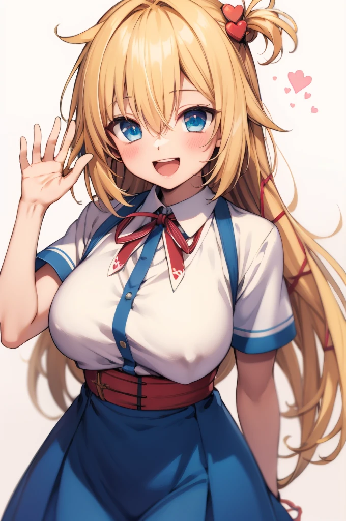masterpiece, akai haato, hololive, 1girl, bangs, blonde hair, blue eyes, blush,big breasts, collared shirt, hair between eyes, hair ornament,heart, heart hair ornament, long hair, , neck ribbon, one side up, red ribbon, ribbon, shirt, short sleeves, sidelocks, simple background, smile, solo, sparkle, virtual youtuber, white background, white shirt, cowboy shot, :d, blue skirt,v,waving