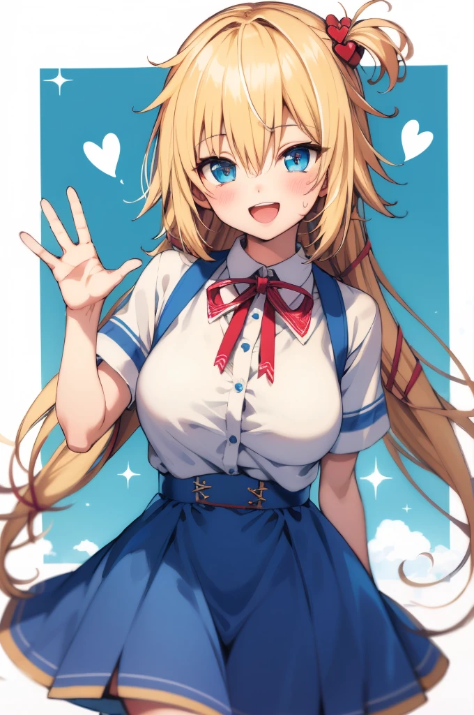 masterpiece, akai haato, ho****ve, 1girl, bangs, blonde hair, blue eyes, blush,big breasts, collared shirt, hair between eyes, hair ornament,heart, heart hair ornament, long hair, , neck ribbon, one side up, red ribbon, ribbon, shirt, short sleeves, sidelocks, simple background, smile, solo, sparkle, virtual youtuber, white background, white shirt, cowboy shot, :d, blue skirt,v,waving