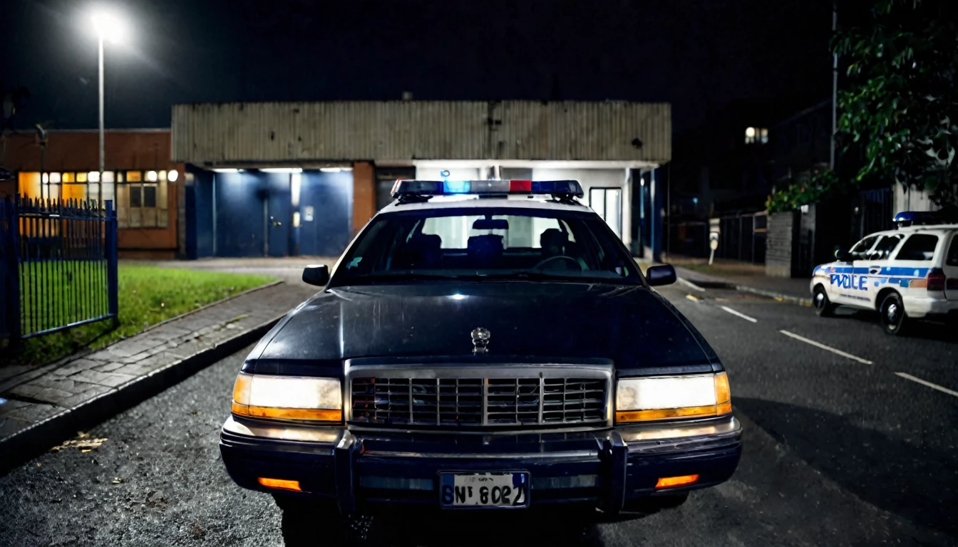 first person view, outside the police station, parked police car, dark night, tense atmosphere, no people in the place